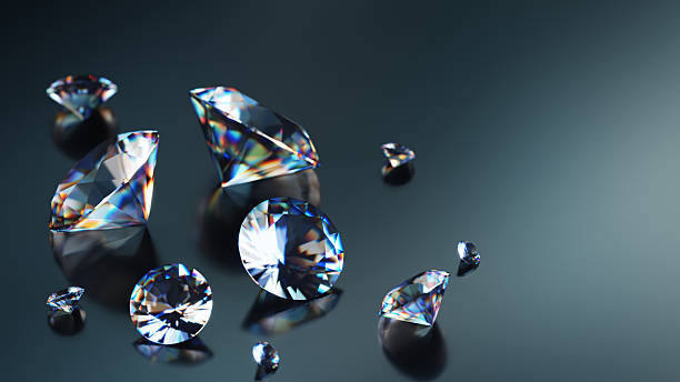 Luxurious diamonds scatter across a sleek reflective surface, capturing light and color. The scene conveys wealth, elegance, and high-end jewelry appeal with vivid prism colors and precise cuts.