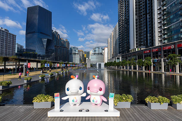 Hong Kong - November 14, 2025 : Mascots of China's 15th National Games are set up in Kai Tak, Kowloon, Hong Kong.