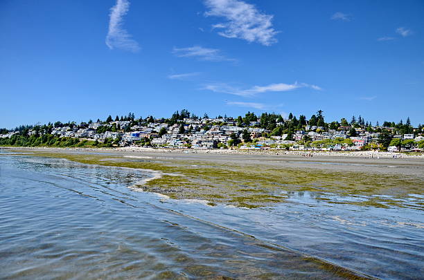 Seaside homes and ocean beach at Whiterock, a community in British Columbia, Canada. This beach is popular for swimming and crabbing.
