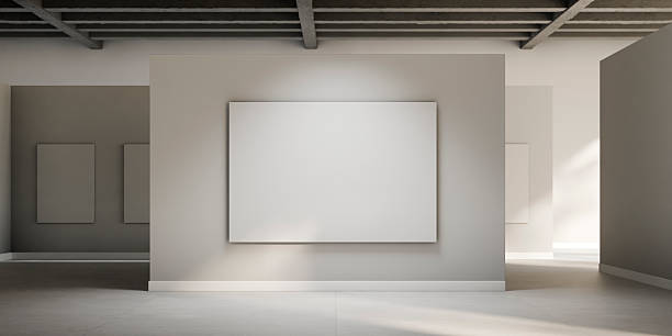 istock Empty gallery exhibition interior. Blank picture on white room wall background. Mockup template design. 3d render. 2246686647