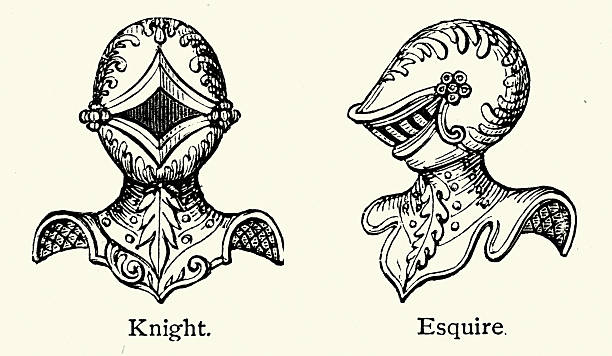 Medieval helments, Knight and Esquire, Vintage illustration