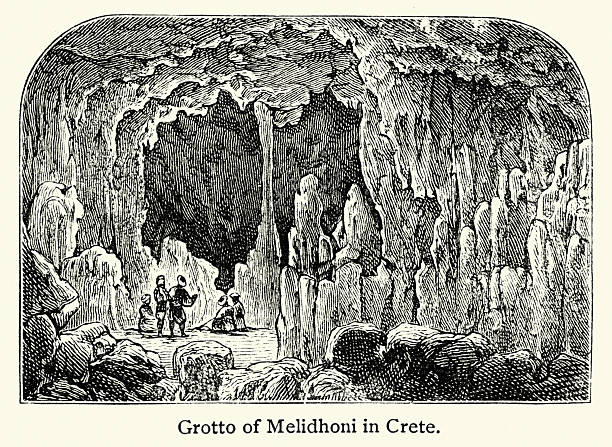 The Grotto of Melidoni (also known as Gerontospilios) is a cave in Crete, Greece, known for its impressive natural formations, Vintage illustration, 19th Century, Victorian