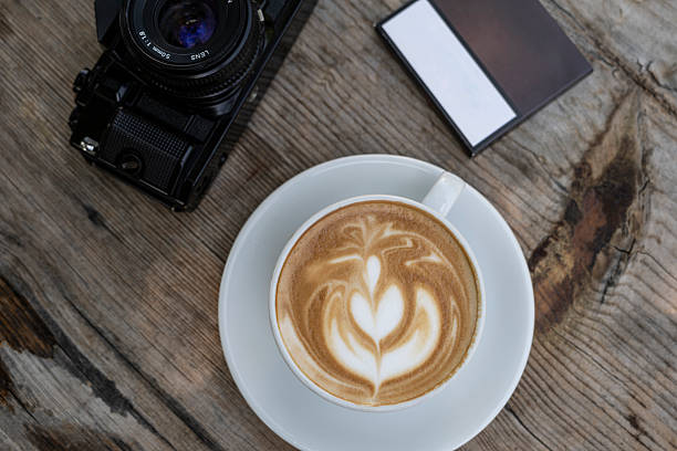 istock Latte coffee and camera on wooden table. 2246689951