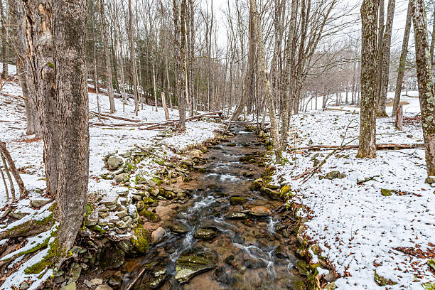 istock Frozen Pond with Stone Spillway and Snow-Covered Winter Landscape 2246690232