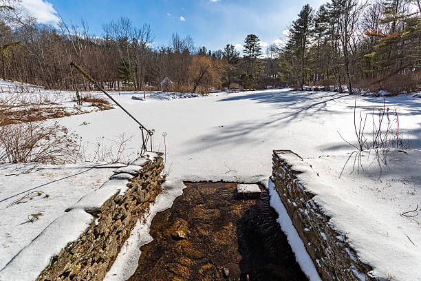 Shallow forest creek flowing between rocks in winter, with fresh snow covering the ground and surrounding trees. Water remains visible between ice and snow patches. A quiet woodland scene during the cold season.