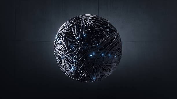 Dense wire-wrapped sphere with blue lights and sensor ports, hanging against textured backdrop compact