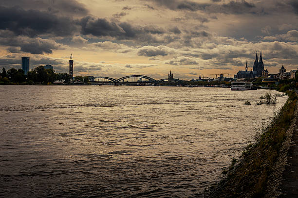 sunset at rhine river in Cologne in Germany