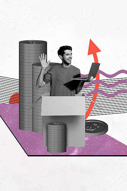 istock Vertical art trend collage of happy man freelancer hold laptop wave hand arrow development statistics coin income dollar profit 2246697155