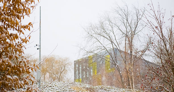 Snow falls gently over the park's peaceful winter landscape, creating a serene atmosphere as trees and buildings blend into the snowy scene.