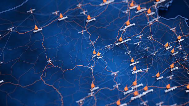istock Taiyuan map big data visualization. Futuristic map infographic of city in China. Visual map data complexity in modern blue and orange colors 2246700545