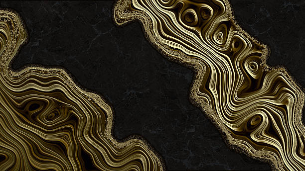 istock Abstract composition of black marble texture and wavy pattern with veins and placers of small golden stones, diamonds. 3D render. 2246700911
