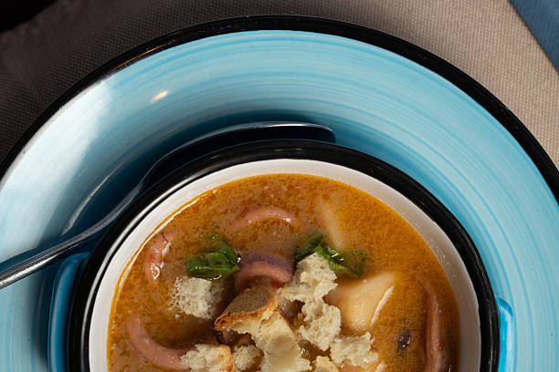 Octopus and potato soup in a bowl at the restaurant