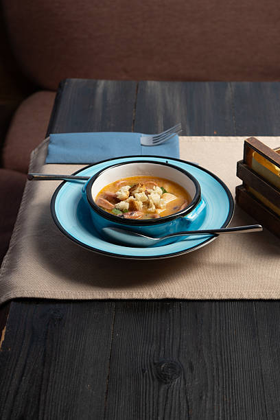 Octopus and potato soup in a bowl at the restaurant