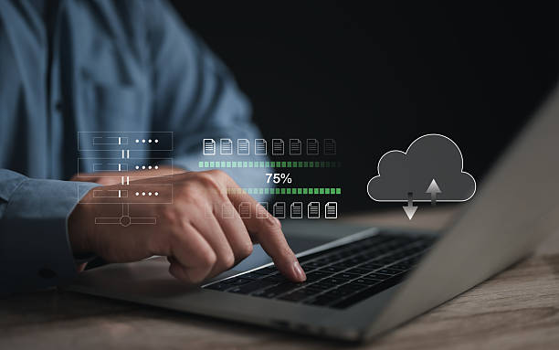 istock Encryption with file transfer concept : Business man use laptop for remote and download or upload folder document picture by internet connection with full access to remote files.. 2246702907