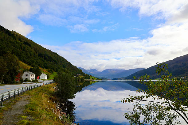 View of Oppheimsvatnet, a tranquil lake located in the municipality of Voss, Vestland county, Norway. The photo captures the calm, reflective surface of the lake surrounded by lush green hills and rugged mountains. A winding road with a guardrail runs alongside the water, while scattered houses nestle among the trees and grassy slopes. A tree branch in the foreground frames the scene, adding depth and a natural touch. The partly cloudy sky and mirrored reflections enhance the peaceful atmosphere of this scenic Nordic landscape, showcasing the harmony between nature and rural life.