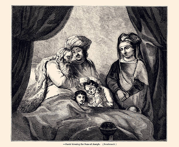 This poignant 19th-century etching, signed by Jackson and serving as a faithful copy of Rembrandt's original work (c. 1656), titled Jacob Blessing the Sons of Joseph, captures a sacred moment from Genesis 48. The elderly patriarch Jacob, nearly blind and wrapped in furs, lies on his deathbed within a dimly lit tent. With deliberate intent, he crosses his arms to place his right hand on the head of Ephraim (the younger grandson) and his left hand on Manasseh (the elder), reversing the expected order of blessing.Joseph, standing in the center, leans forward in concern, attempting to guide his father’s hands toward traditional primogeniture. His expression reveals unease. To the right stands Asenath, Joseph’s Egyptian wife, veiled and composed, her hands clasped in quiet reverence. The two boys—Manasseh (left) and Ephraim (right)—gaze upward, innocent yet marked by destiny.Rembrandt’s masterful use of chiaroscuro, faithfully reproduced here, draws the eye to Jacob’s weathered hands and the children’s faces, illuminated as if by divine light. ► The crossed arms form a symbolic X, foreshadowing Ephraim’s future prominence among the tribes of Israel. The scene is intimate, solemn, and charged with theological weight: God’s sovereign choice trumping human custom. VINTAGE ETCHING circa mid 19 Th century. Digital restoration by Pictore. Authentic illustration free of AI