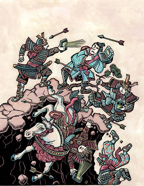 ancient japanese or asian warriors with computers and digital devices have a battle on a cliff