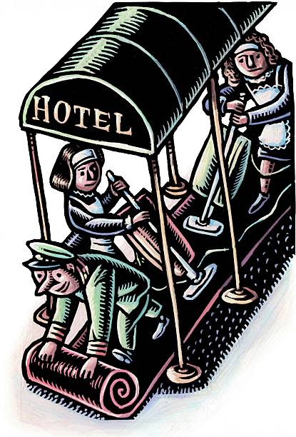 the entry of a hotel with workers cleaning the red carpet