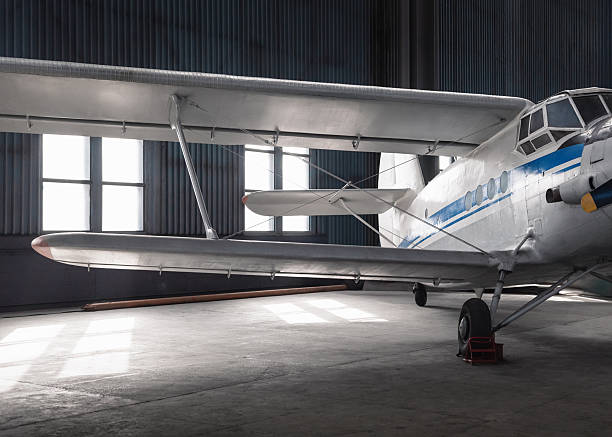 istock Front view of old aircraft in a hangar. 2246716720