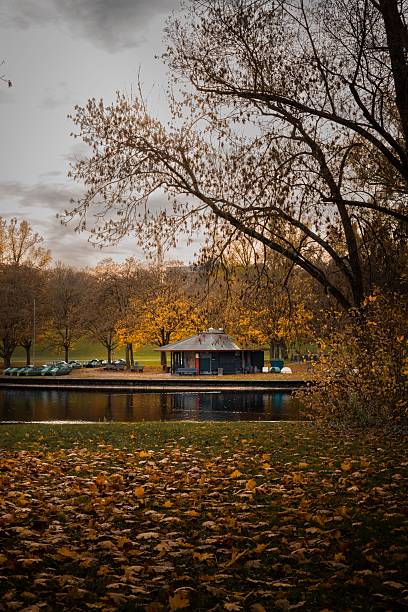 istock Autumn park with pavilion and lake. 2246723475
