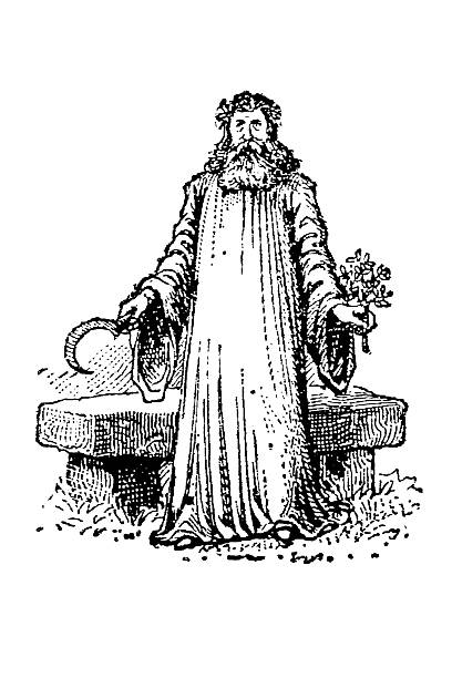 Bearded druid holding a ritual sickle in one hand and a sacred branch in the other, wearing traditional Celtic clothing, old vintage illustration, 1897.