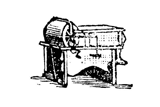 A mechanical winnowing machine with fan and sieves for separating grain from chaff in agricultural processing, showing detailed mechanical components for farm use, old vintage illustration, 1897.