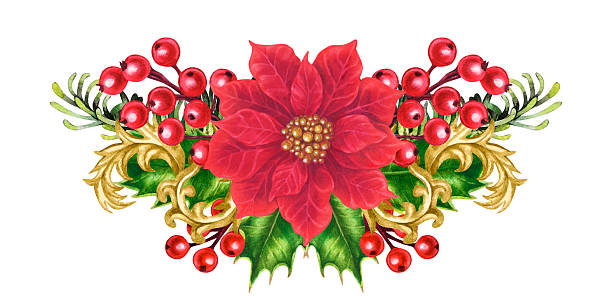 Luxurious Christmas bouquet of red poinsettias with vintage gold vignettes and holly berries. Watercolor template for home decor, cards, labels, stickers, scrapbooking, greeting cards, floral arrangements, or gift certificates.