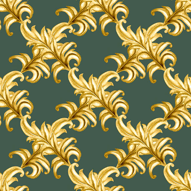 istock Golden vintage vignettes on a seamless pattern isolated on a green background. Watercolor template for Christmas, wedding decor, invitations, greeting, textile, tablecloths, table runners, home decor 2246742412
