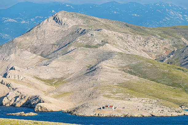 Remote lighthouse on rugged mountain landscape by blue sea under clear sky. View of Prvic island, Croatia.