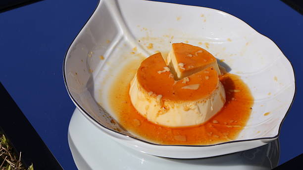 istock Part 3: Mirror reflection of a leaf-shaped plate holding a mini caramel pudding or flan with a triangular cut piece resting neatly in place 2246765929