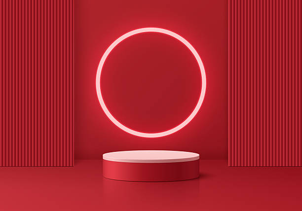 istock Red 3D cylindrical podium Christmas new year background with glowing neon ring wall scene. Minimalist platforms mockup pedestal design. Abstract stands product display presentation. Stage for showcase 2246780571
