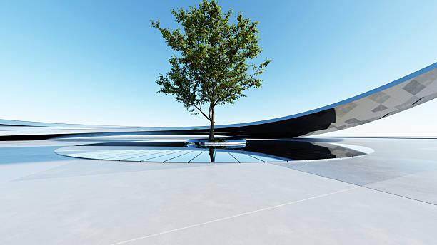 istock Modern eco-Friendly architecture, Green architectural design, Abstract curved building background for car presentation backdrop with empty concrete floor, 3d rendering 2246784625