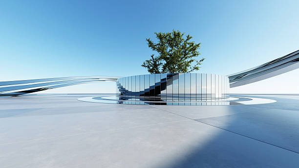istock Modern eco-Friendly architecture, Green architectural design, Abstract curved building background for car presentation backdrop with empty concrete floor, 3d rendering 2246784633