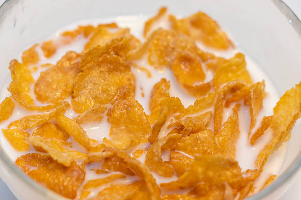 Corn flakes soaked in milk in a bowl