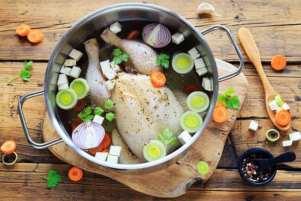 Preparation of chicken soup in a pot