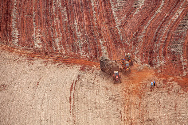 Agricultural property in Brazil, with an area of plowed land, prepared for planting, with reddish tones. In the front, a wooden post with a wire fence.