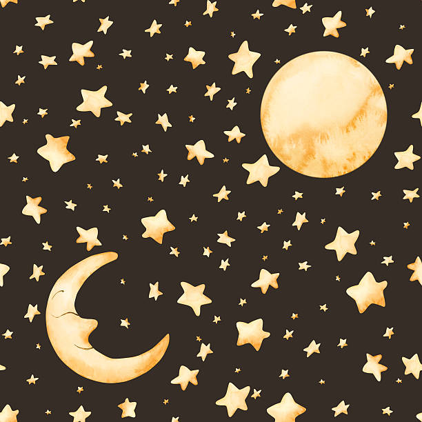 istock Cute golden moon crescent star seamless pattern Watercolor hand drawn illustration isolated on dark background baby 2246792316