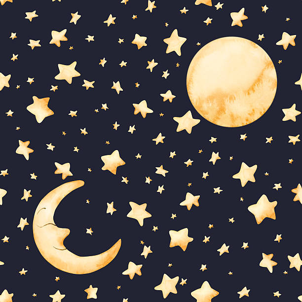 istock Cute golden moon crescent star seamless pattern Watercolor hand drawn illustration isolated on dark blue background baby 2246792318