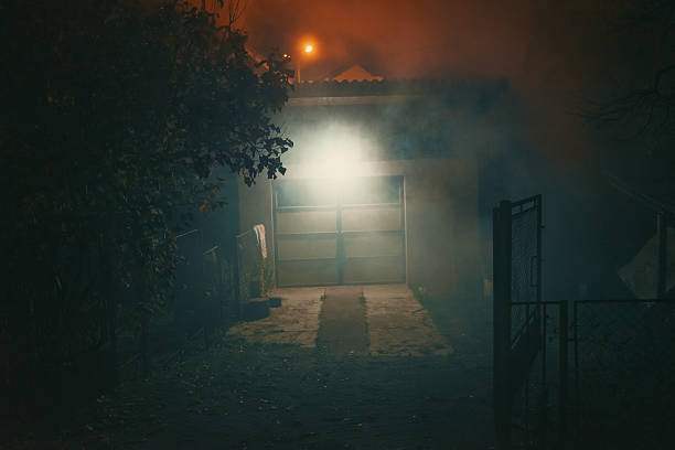 Car garages on a foggy day.