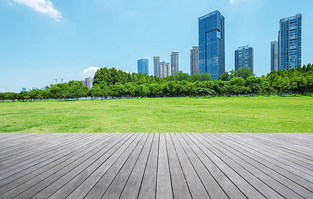 istock Empty boardwalk and green grass field in the modern urban park 2246794166