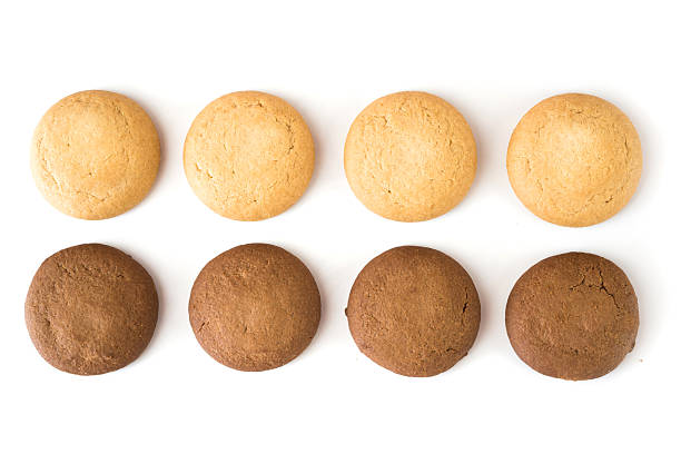 Set of different round cookies on white background