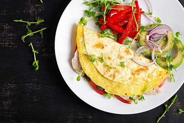 istock Healthy breakfast. Quesadilla with omelet, meatloaf, cheese, tomatoes and vegetables. Top view 2246796526