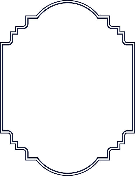 Ornate badge frame with double line border in clean linework. Decorative label contour with curved top and stepped corners, thin stroke, empty center. Cartoon vector illustration