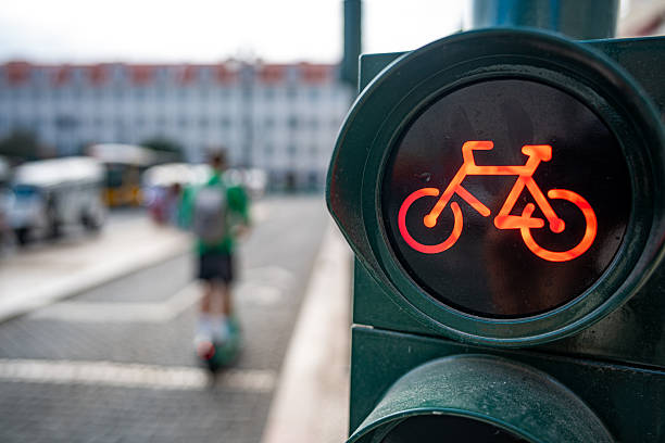 istock Bicycle traveling on the cycle path with traffic control via traffic lights. Lisbon 2246801650