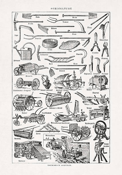 Black and white illustration on agricultural machinery and tools allowing the preparation, shaping and sowing of land from an old French dictionary.