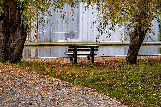 Wooden bench on the side of the River Bure in Wroxham, Norfolk Broads