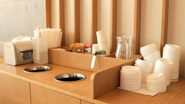 A well-organized coffee station provides everything needed for a quick and convenient coffee break in the workplace