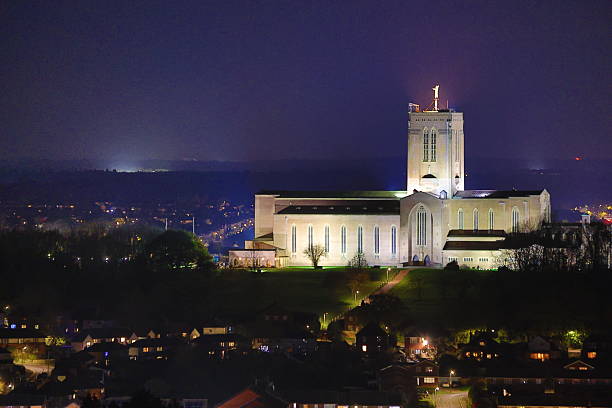 Night illumination of the huge  Guildford Cathedral Surrey England Europe