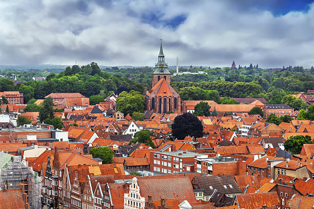 Aerial view of Luneburg old town from water tower, Germany