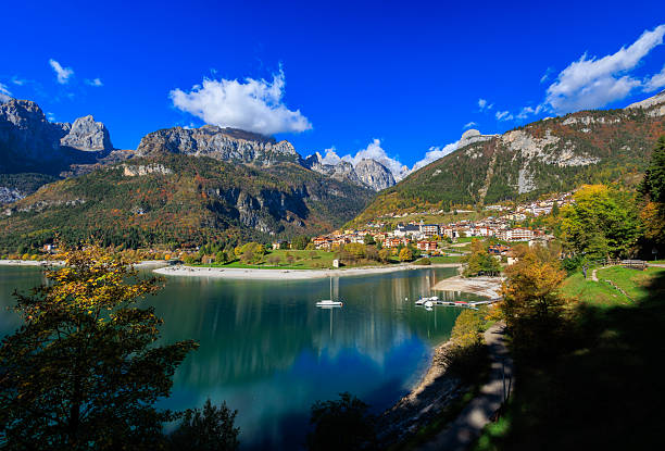 Aerial view of Molveno, Dolomites, Town in South Tyrol